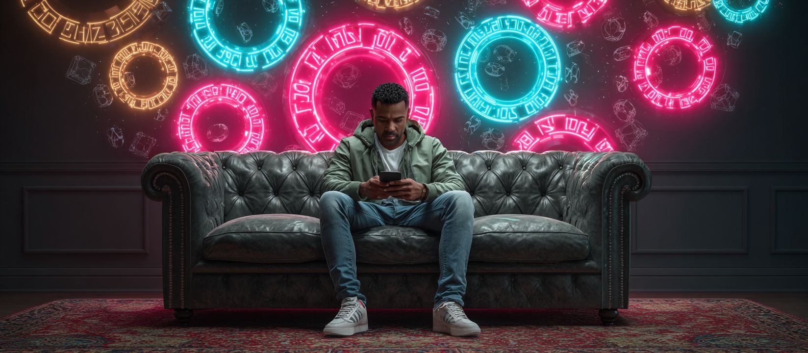 Download BG 33 Casino app and play on the go! Man sitting on sofa using smartphone with neon casino chips glowing at BG 33 Casino app