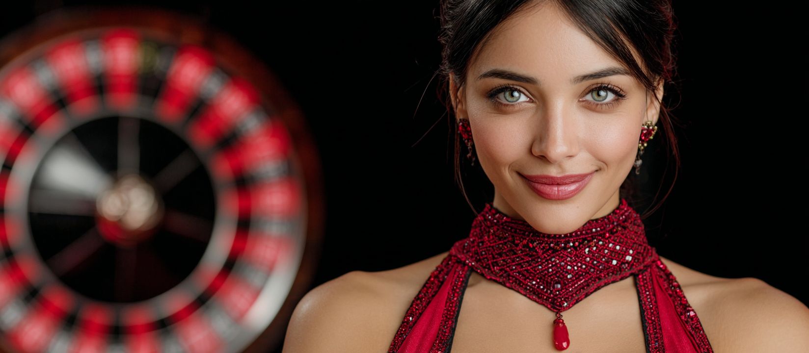 Enter BG 33 Casino and experience live roulette now! Elegant woman in red dress with roulette wheel behind her at BG 33 Casino