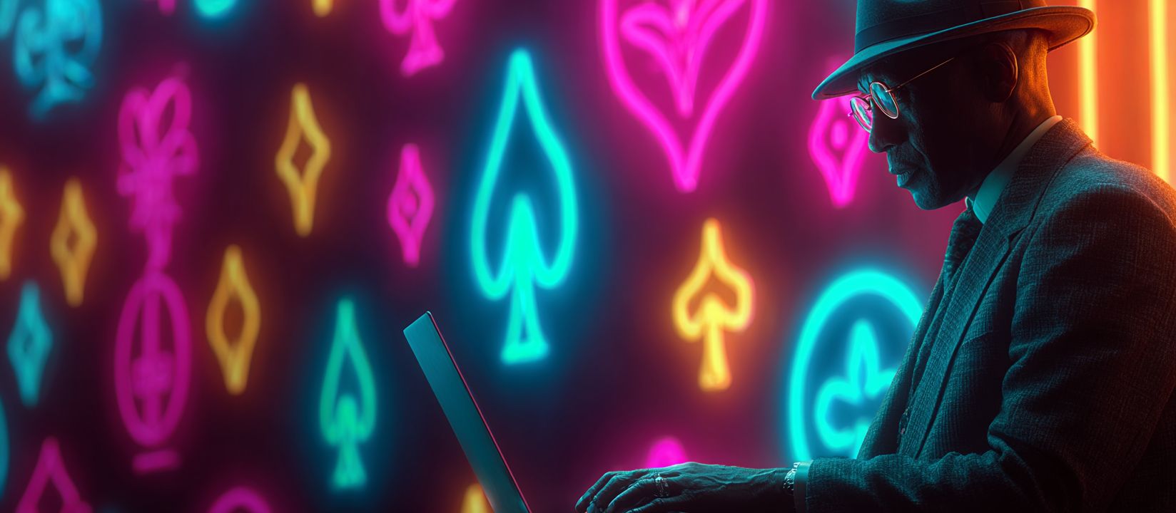 Discover thrilling online games at BG 33 Casino! Stylish man playing online games on laptop with neon card suits at BG 33 Casino
