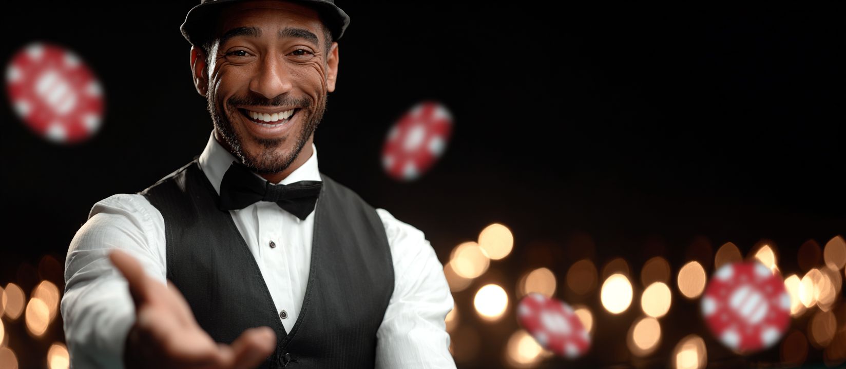 Login to BG 33 Casino and start playing today! Smiling dealer in black vest with poker chips inviting players to BG 33 Casino