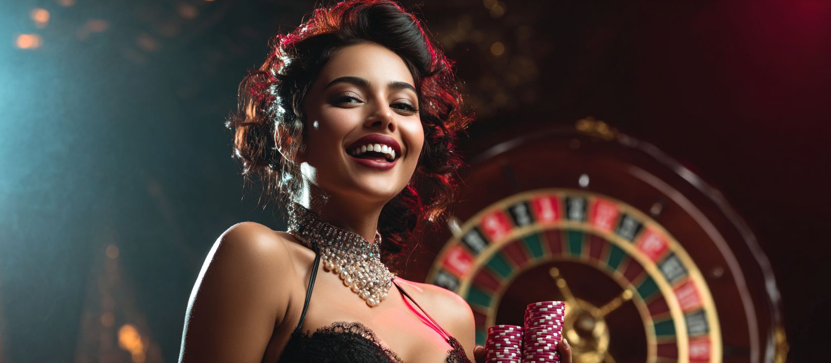 Join BG 33 Casino and spin the roulette for big wins! Beautiful woman with casino chips smiling in front of roulette wheel at BG 33 Casino