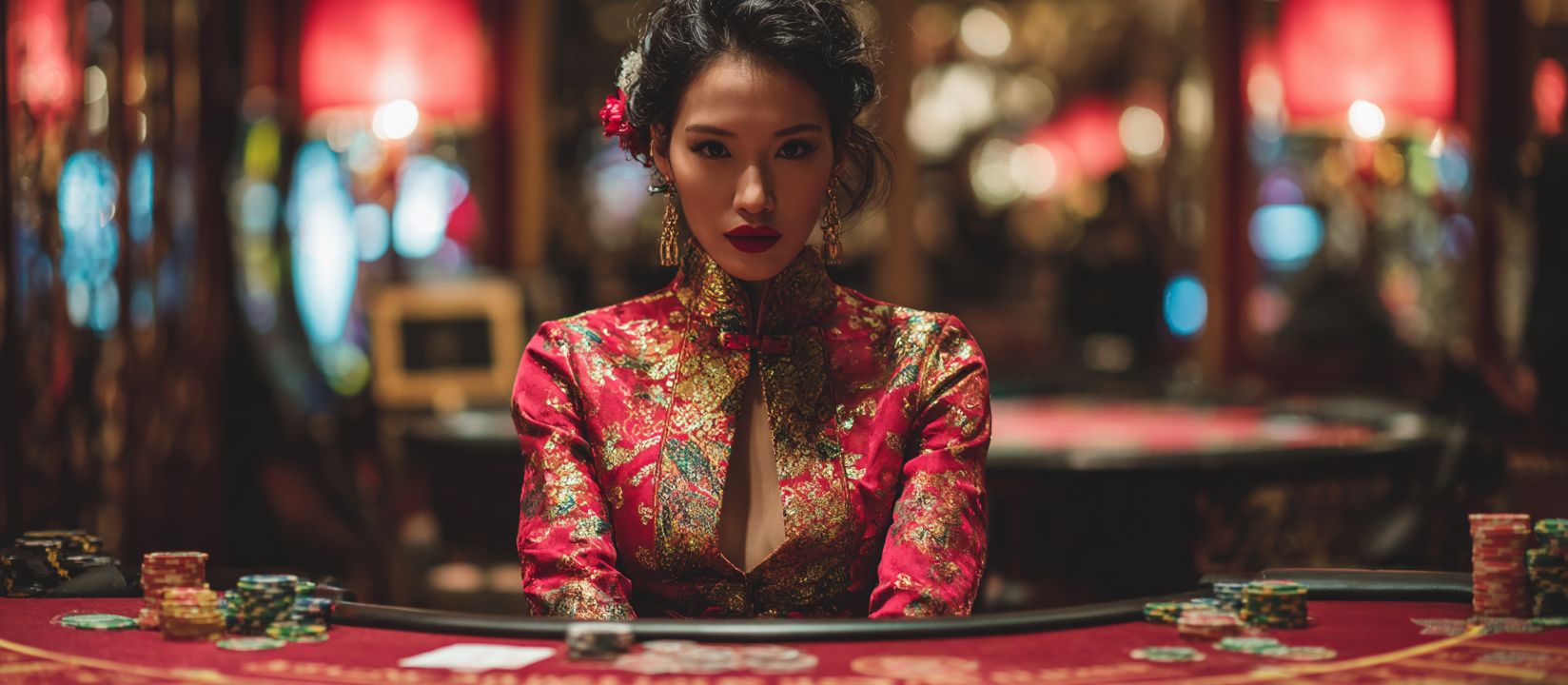 Play live games with professional dealers at BG 33 Casino! Elegant female dealer in red dress with poker chips at BG 33 Casino table