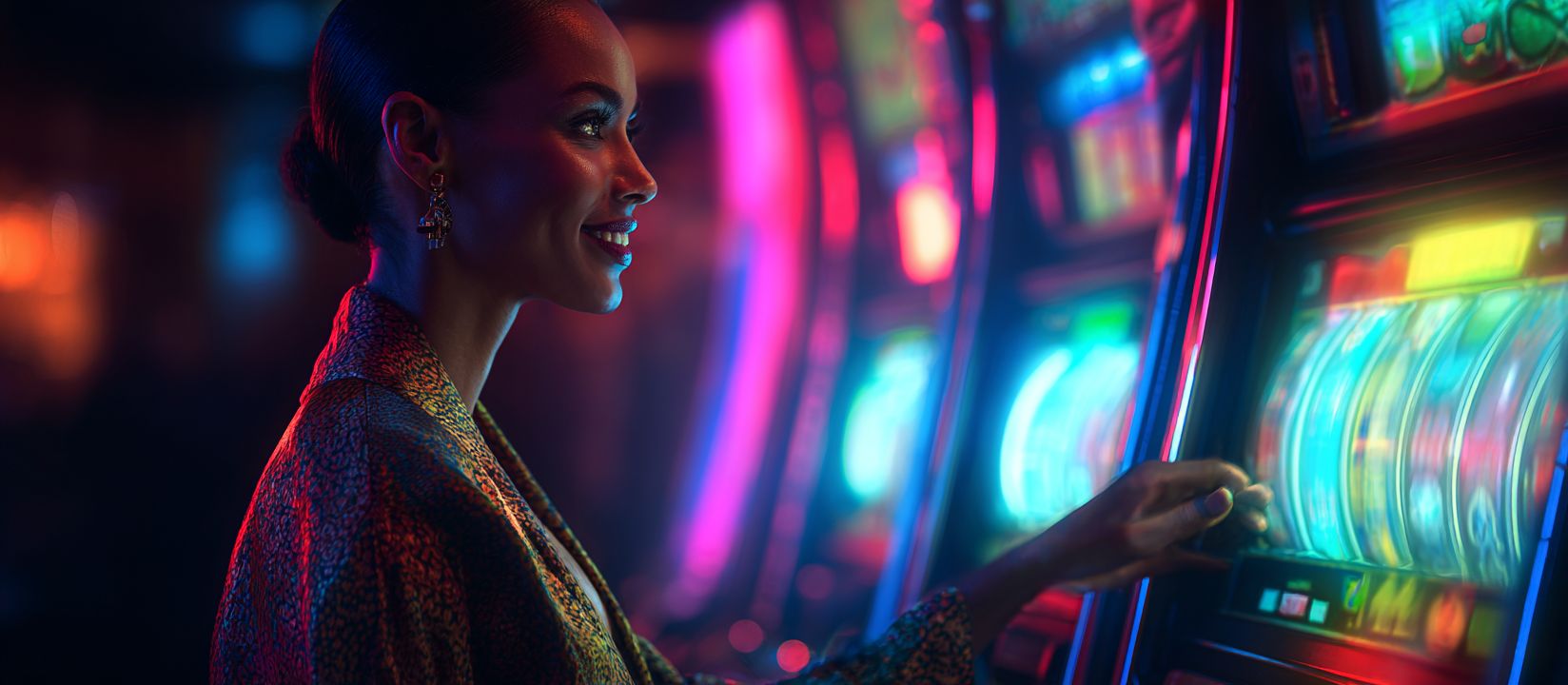Spin the reels and win big at BG 33 Casino slots! Woman playing colorful slot machines with neon lights at BG 33 Casino